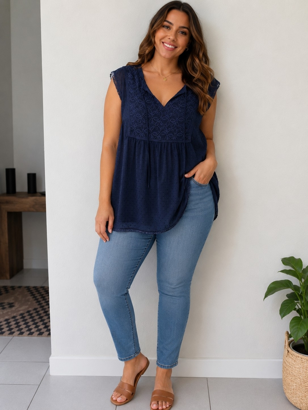 BloomChic Navy Lace V-Neck Tank
